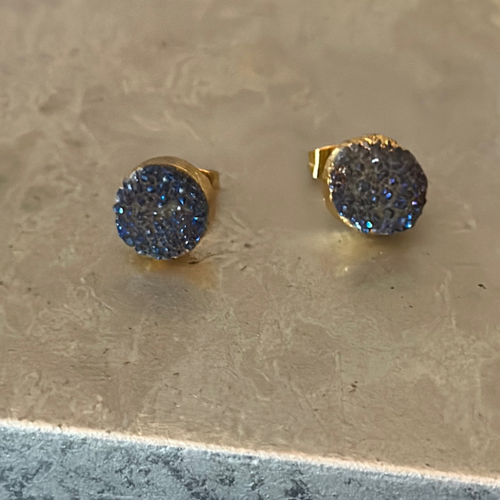 Pair Of Midnight Blue Druzy Gold Plated Pierced Posts Earrings